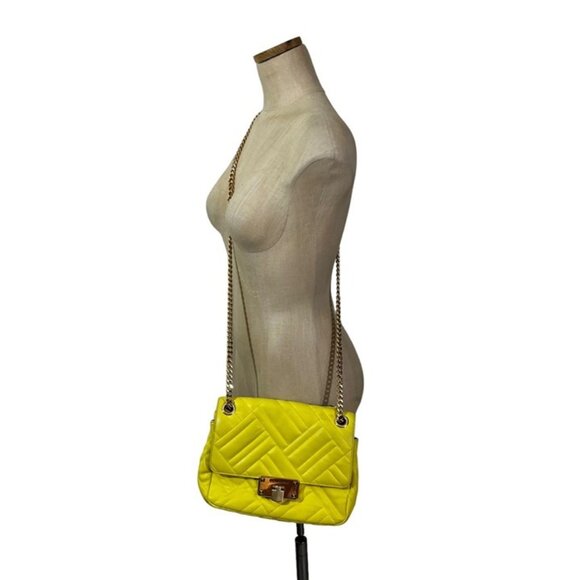 Michael Kors Peyton Vegan leather cross body purse yellow quilted chain strap - Picture 11 of 12